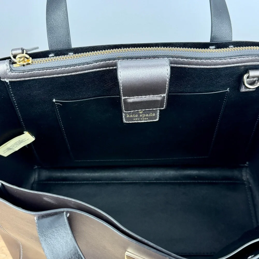Kate Spade Metallic Pewter Leather Tote Bag Triple Compartment Handbag Gunmetal